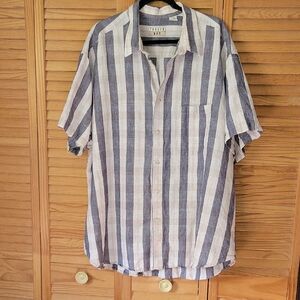 Trader Bay Linen Blend Striped Button Up Blue White Short Sleeve Mens Shirt 3XL